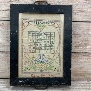 Vintage 1932 February Calendar‎ Framed Metal Handles Hand Embroidered